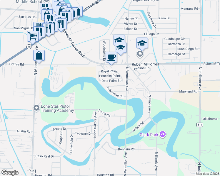 map of restaurants, bars, coffee shops, grocery stores, and more near 6715 Tallowood Circle in Brownsville