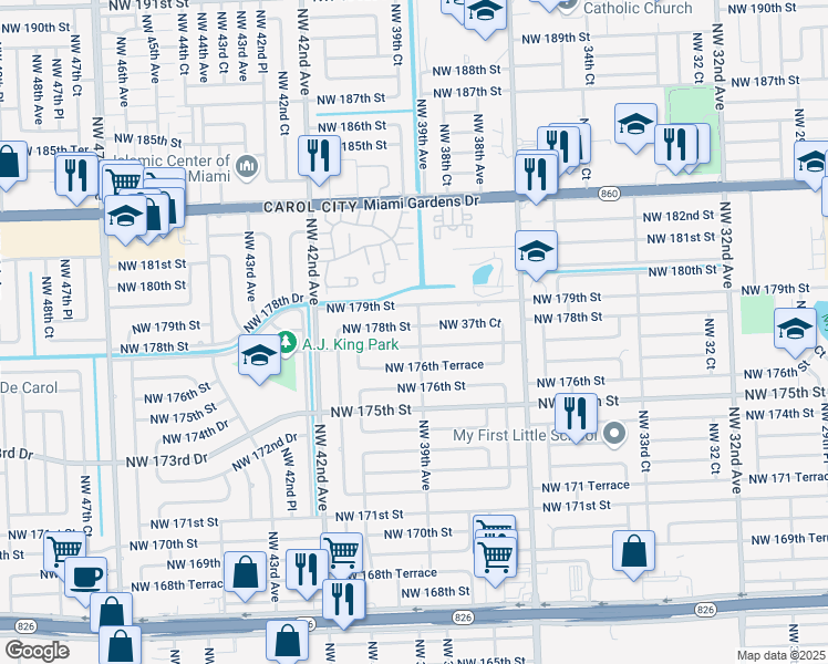 map of restaurants, bars, coffee shops, grocery stores, and more near 3880 Northwest 177th Street in Miami Gardens