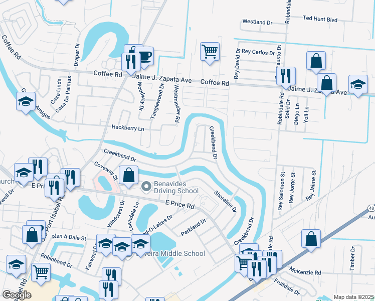 map of restaurants, bars, coffee shops, grocery stores, and more near 14 Thornhill Trail in Brownsville