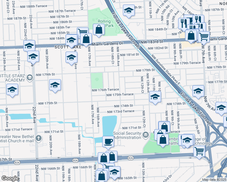 map of restaurants, bars, coffee shops, grocery stores, and more near 1440 Northwest 175th Terrace in Miami