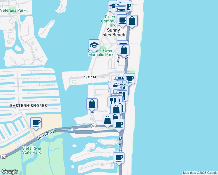 map of restaurants, bars, coffee shops, grocery stores, and more near 200 172nd Street in Sunny Isles Beach