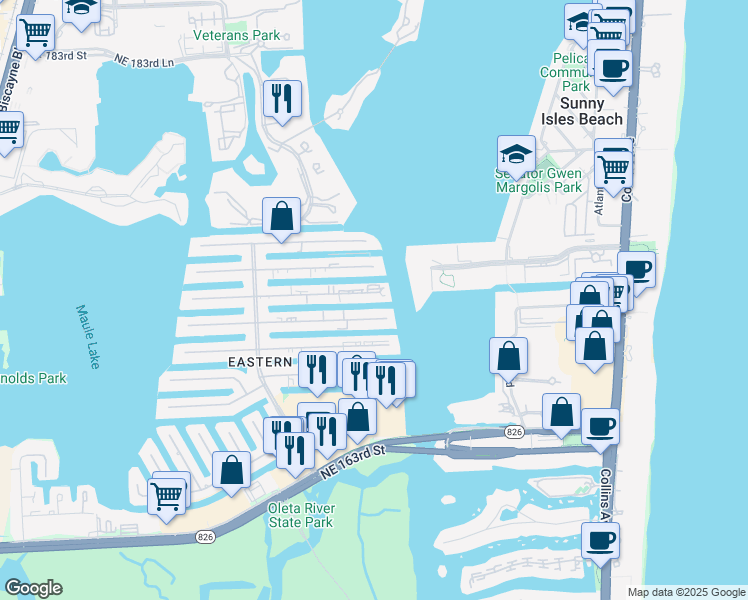 map of restaurants, bars, coffee shops, grocery stores, and more near 3855 Northeast 168th Street in North Miami Beach
