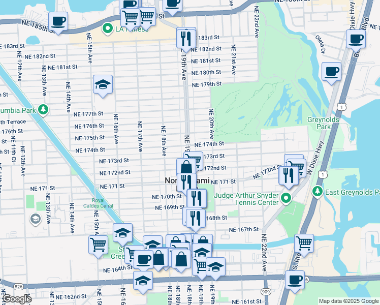 map of restaurants, bars, coffee shops, grocery stores, and more near 1880 Northeast 173rd Street in North Miami Beach