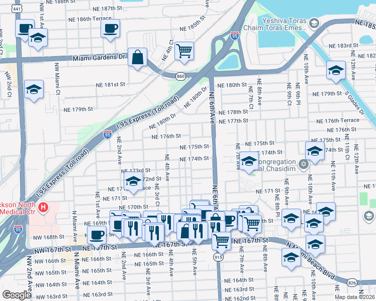 map of restaurants, bars, coffee shops, grocery stores, and more near 451 Northeast 174th Street in North Miami Beach