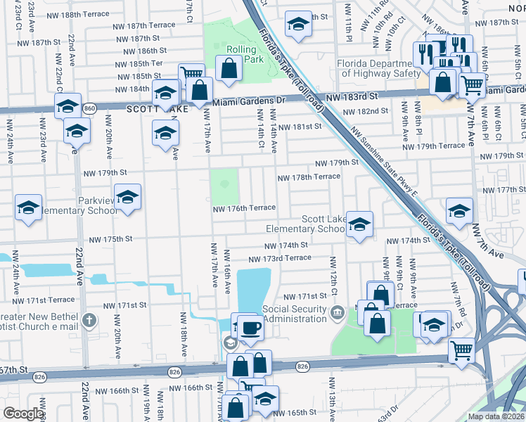 map of restaurants, bars, coffee shops, grocery stores, and more near 1440 Northwest 175th Terrace in Miami