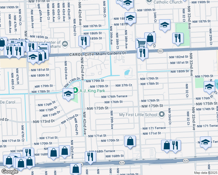 map of restaurants, bars, coffee shops, grocery stores, and more near 3880 Northwest 177th Street in Miami Gardens