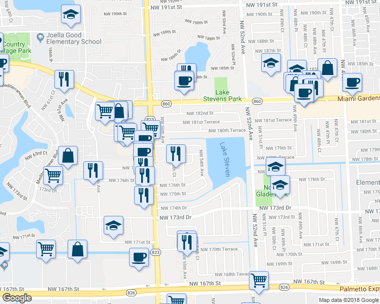 map of restaurants, bars, coffee shops, grocery stores, and more near 5431 Northwest 178th Street in Miami Gardens