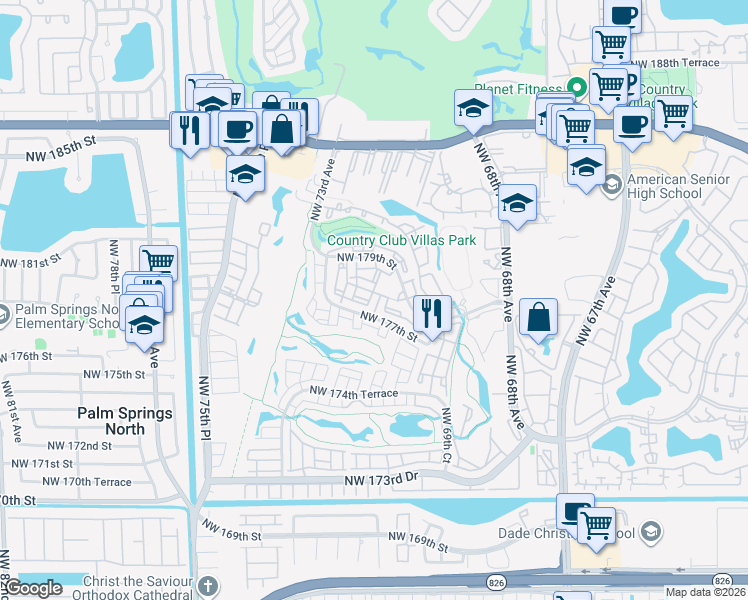map of restaurants, bars, coffee shops, grocery stores, and more near 58 Northwest 177th Street in Hialeah