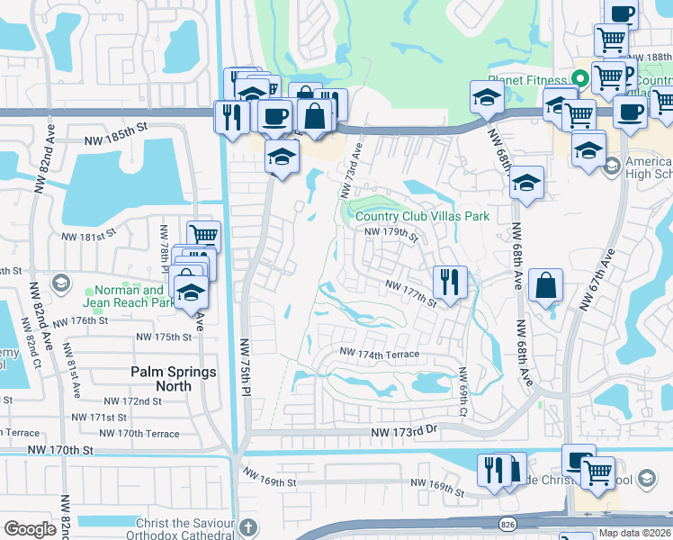 map of restaurants, bars, coffee shops, grocery stores, and more near 17630 Northwest 73rd Avenue in Hialeah