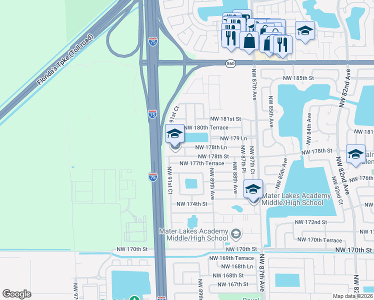 map of restaurants, bars, coffee shops, grocery stores, and more near 9021 Northwest 177th Terrace in Hialeah