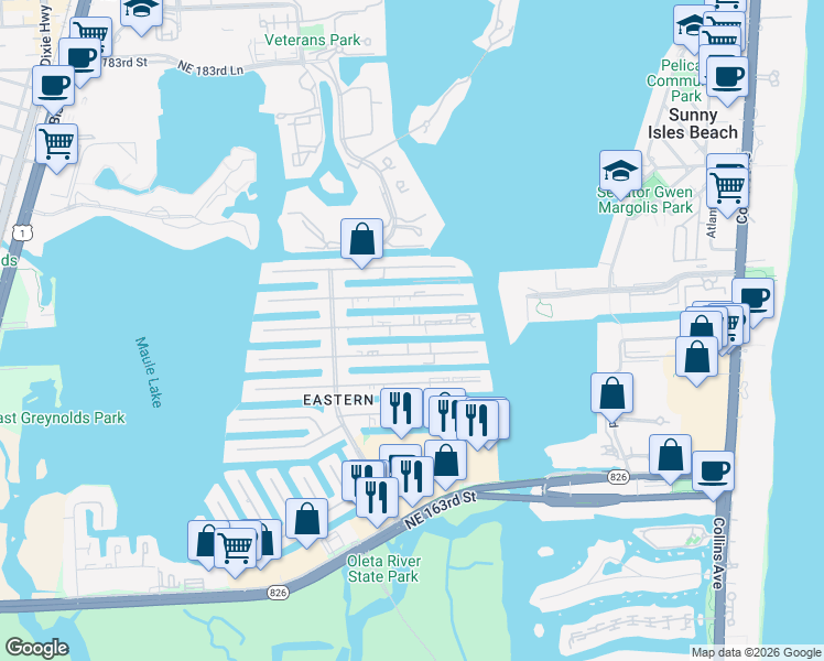 map of restaurants, bars, coffee shops, grocery stores, and more near 3767 Northeast 168th Street in North Miami Beach