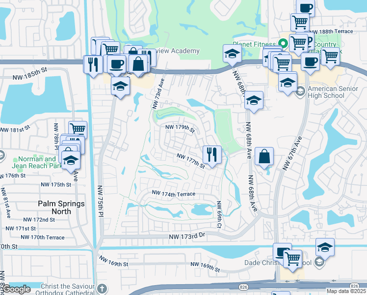 map of restaurants, bars, coffee shops, grocery stores, and more near 58 Northwest 177th Street in Hialeah