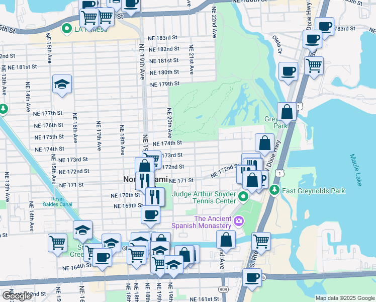 map of restaurants, bars, coffee shops, grocery stores, and more near 17250 Northeast 21st Avenue in North Miami Beach
