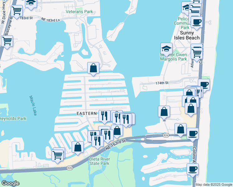 map of restaurants, bars, coffee shops, grocery stores, and more near 3855 Northeast 168th Street in North Miami Beach