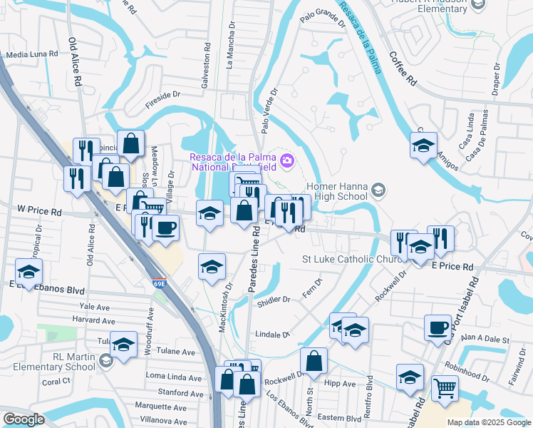 map of restaurants, bars, coffee shops, grocery stores, and more near 2100 East Price Road in Brownsville