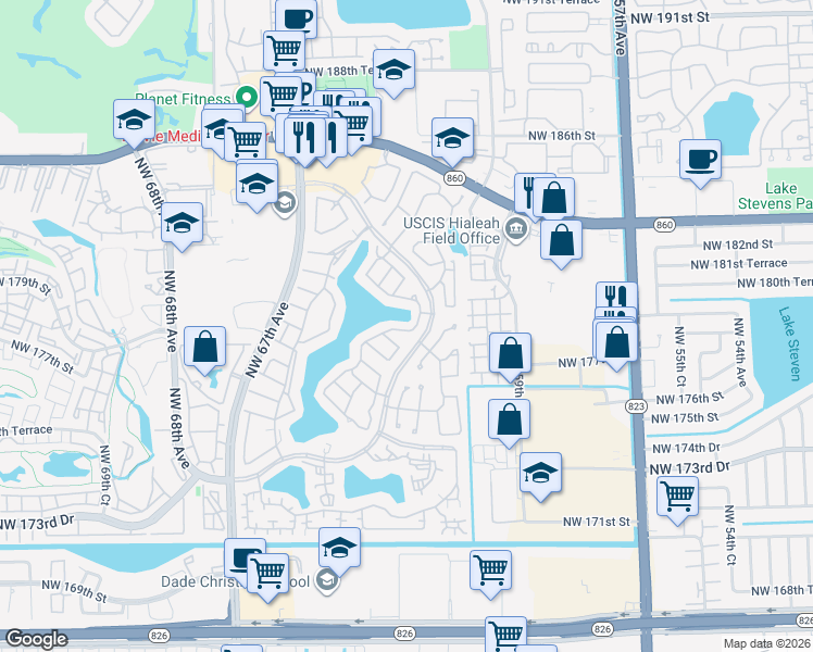 map of restaurants, bars, coffee shops, grocery stores, and more near 17747 Northwest 63rd Court in Hialeah