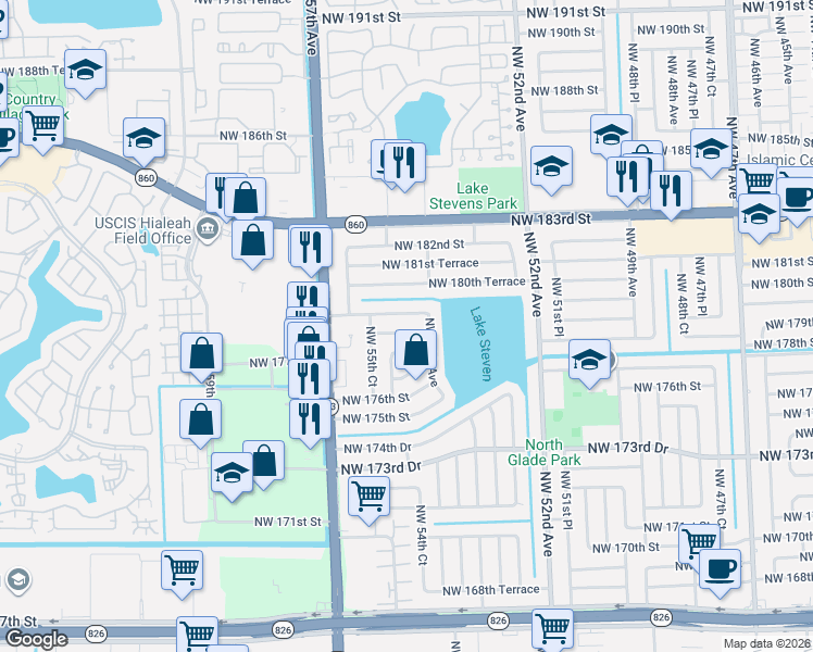 map of restaurants, bars, coffee shops, grocery stores, and more near 5431 Northwest 178th Street in Miami Gardens