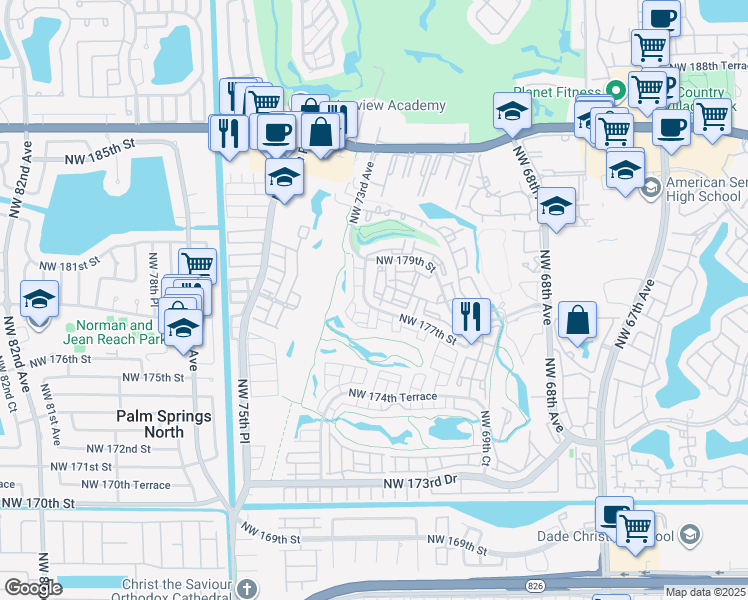 map of restaurants, bars, coffee shops, grocery stores, and more near 7150 Northwest 177th Street in Hialeah
