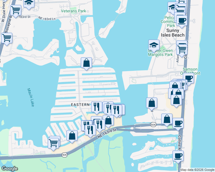 map of restaurants, bars, coffee shops, grocery stores, and more near 3855 Northeast 168th Street in North Miami Beach
