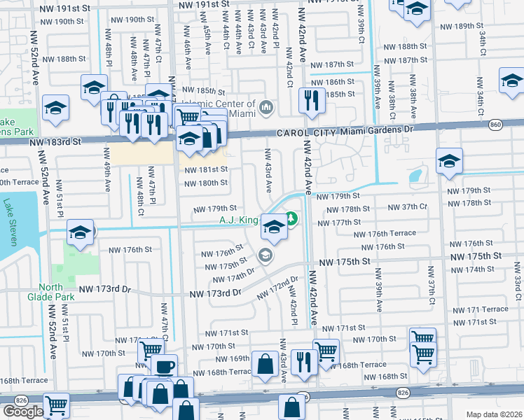 map of restaurants, bars, coffee shops, grocery stores, and more near 4360 Northwest 178th Drive in Miami Gardens