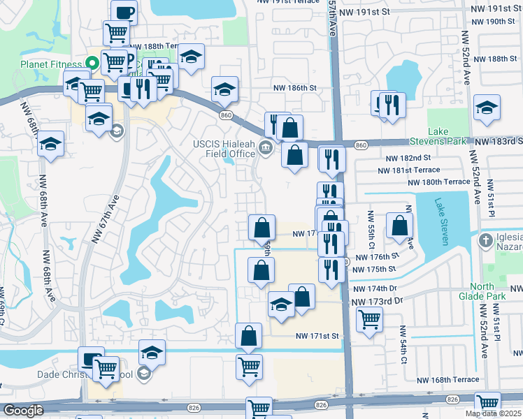 map of restaurants, bars, coffee shops, grocery stores, and more near 17824 Northwest 59th Avenue in Hialeah