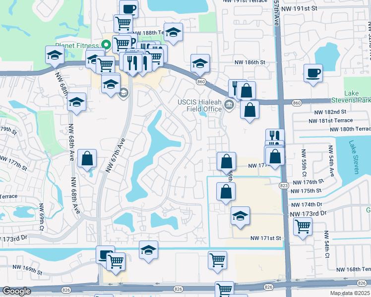 map of restaurants, bars, coffee shops, grocery stores, and more near 17747 Northwest 63rd Court in Hialeah
