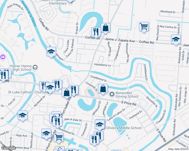 map of restaurants, bars, coffee shops, grocery stores, and more near 13 Creekbend Drive in Brownsville