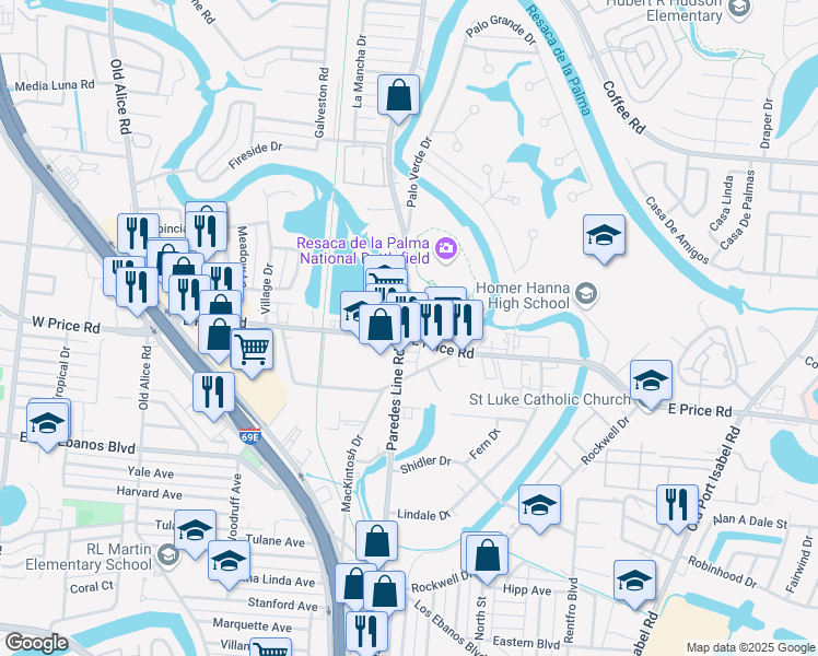 map of restaurants, bars, coffee shops, grocery stores, and more near 2100 East Price Road in Brownsville