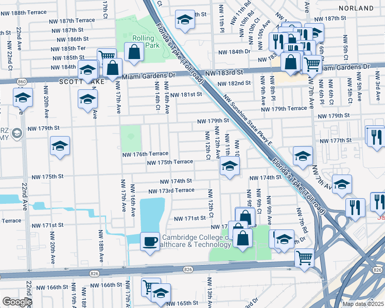 map of restaurants, bars, coffee shops, grocery stores, and more near 1300 Northwest 176th Terrace in Miami