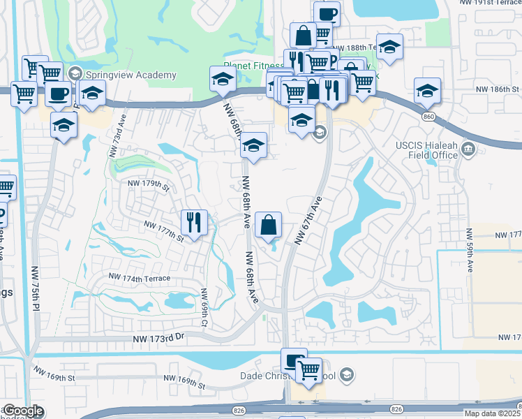 map of restaurants, bars, coffee shops, grocery stores, and more near 17911 Northwest 68th Avenue in Hialeah