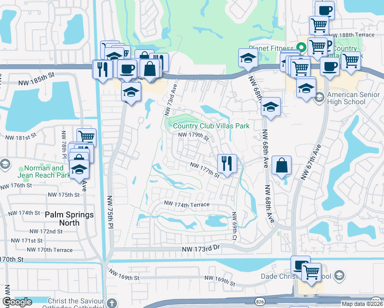 map of restaurants, bars, coffee shops, grocery stores, and more near 7080 Northwest 179th Street in Hialeah