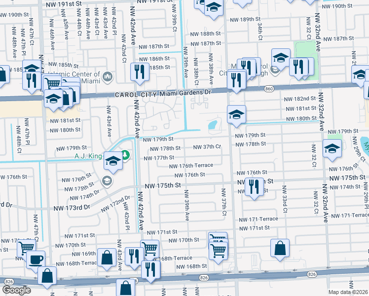 map of restaurants, bars, coffee shops, grocery stores, and more near 3880 Northwest 179th Street in Miami Gardens