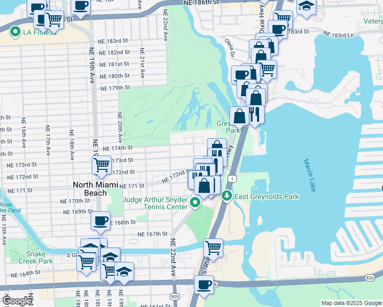 map of restaurants, bars, coffee shops, grocery stores, and more near 2314 Northeast 174th Street in North Miami Beach