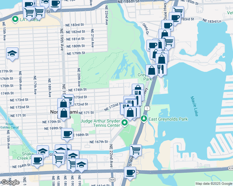 map of restaurants, bars, coffee shops, grocery stores, and more near 2260 Northeast 174th Street in North Miami Beach