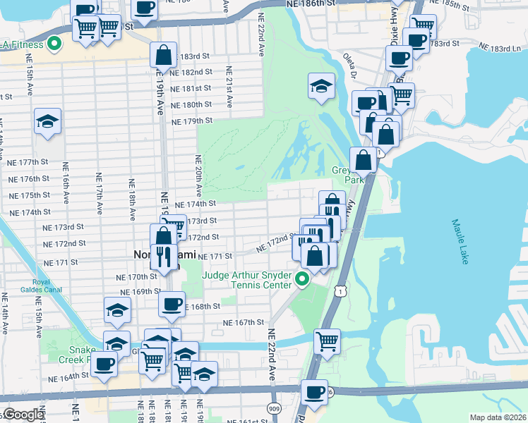 map of restaurants, bars, coffee shops, grocery stores, and more near 2170 Northeast 174th Street in North Miami Beach