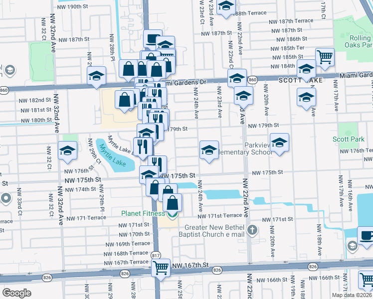 map of restaurants, bars, coffee shops, grocery stores, and more near 2462 Northwest 178th Terrace in Miami Gardens