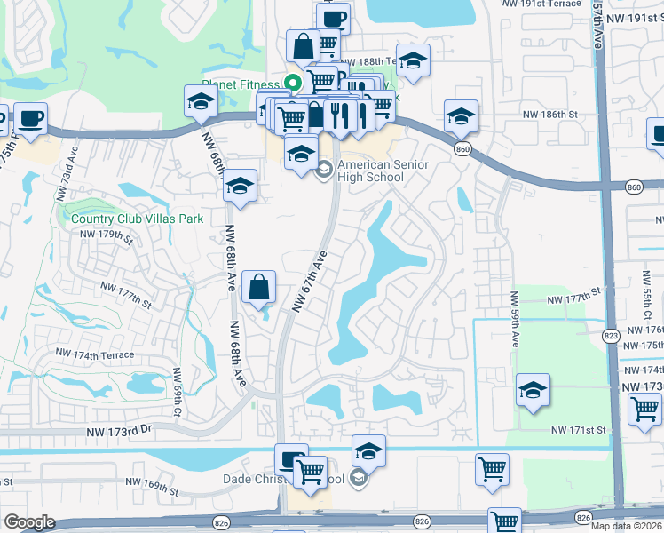 map of restaurants, bars, coffee shops, grocery stores, and more near 6641 Northwest 179th Terrace in Hialeah