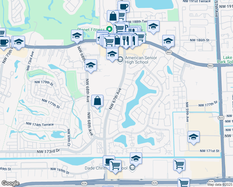 map of restaurants, bars, coffee shops, grocery stores, and more near 17950 Northwest 67th Avenue in Hialeah