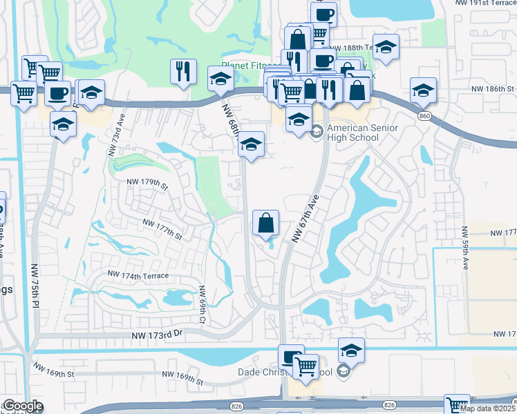map of restaurants, bars, coffee shops, grocery stores, and more near 17911 Northwest 68th Avenue in Hialeah