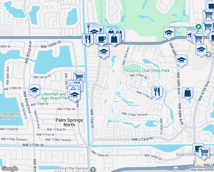 map of restaurants, bars, coffee shops, grocery stores, and more near 17997 Northwest 74th Court in Hialeah