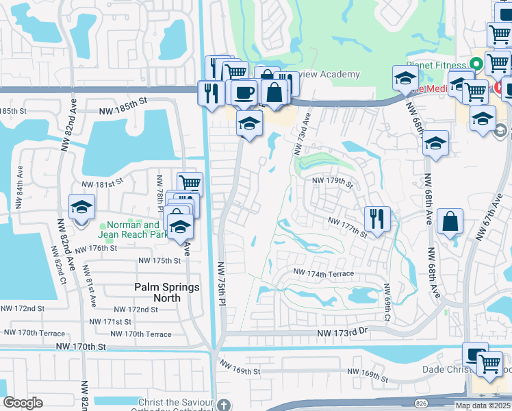 map of restaurants, bars, coffee shops, grocery stores, and more near 7459 Northwest 179th Terrace in Hialeah