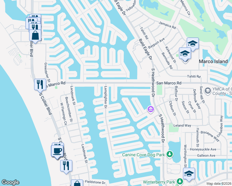map of restaurants, bars, coffee shops, grocery stores, and more near 20 Hickory Court in Marco Island