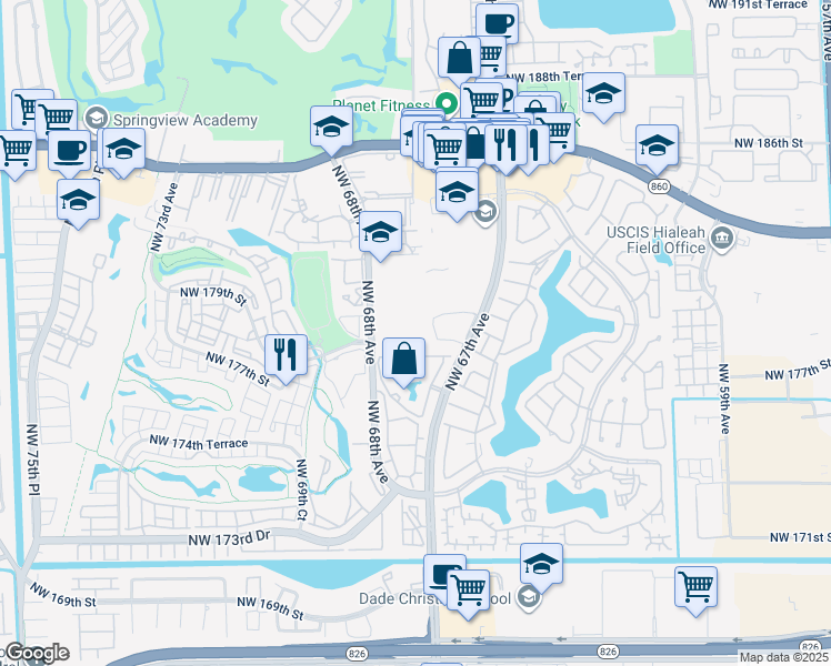 map of restaurants, bars, coffee shops, grocery stores, and more near 17990-19916 Northwest 67th Circle in Hialeah