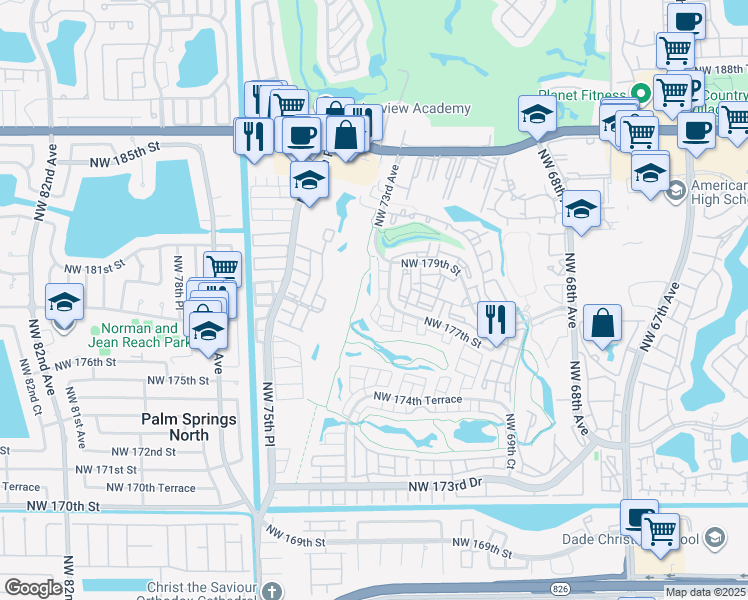 map of restaurants, bars, coffee shops, grocery stores, and more near 17630 Northwest 73rd Avenue in Hialeah