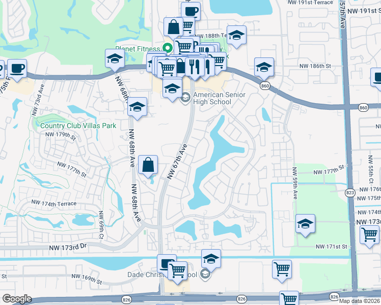 map of restaurants, bars, coffee shops, grocery stores, and more near 6641 Northwest 179th Terrace in Hialeah