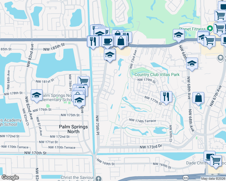 map of restaurants, bars, coffee shops, grocery stores, and more near 7459 Northwest 179th Terrace in Hialeah