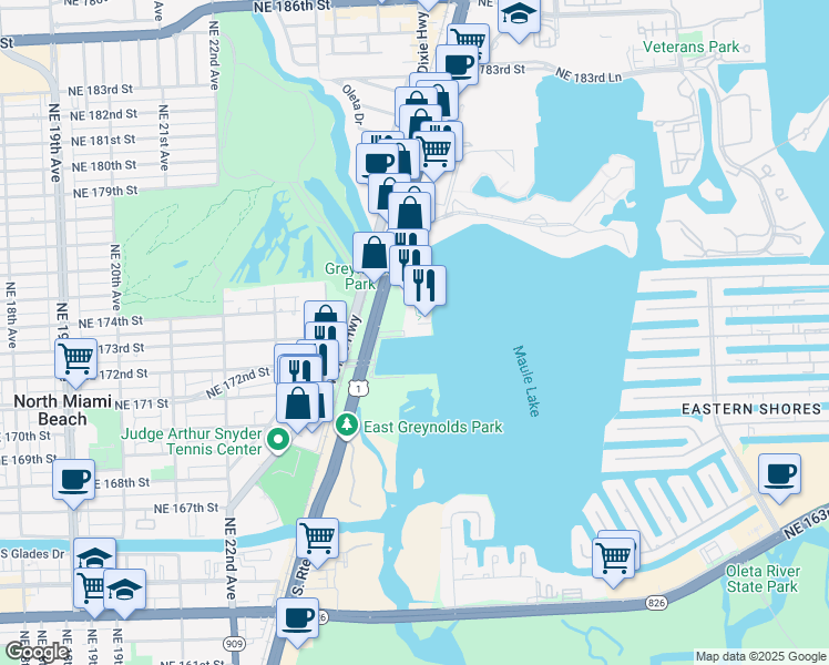 map of restaurants, bars, coffee shops, grocery stores, and more near 17399 Biscayne Boulevard in North Miami Beach
