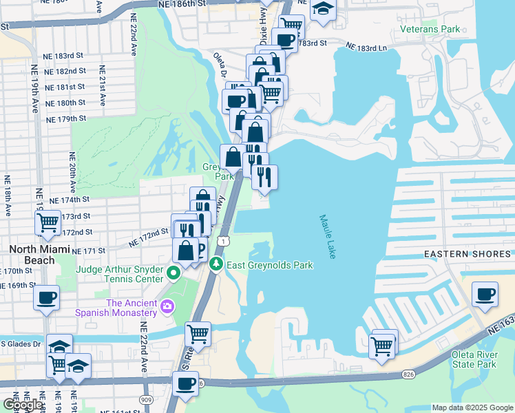 map of restaurants, bars, coffee shops, grocery stores, and more near 17399 Biscayne Boulevard in North Miami Beach