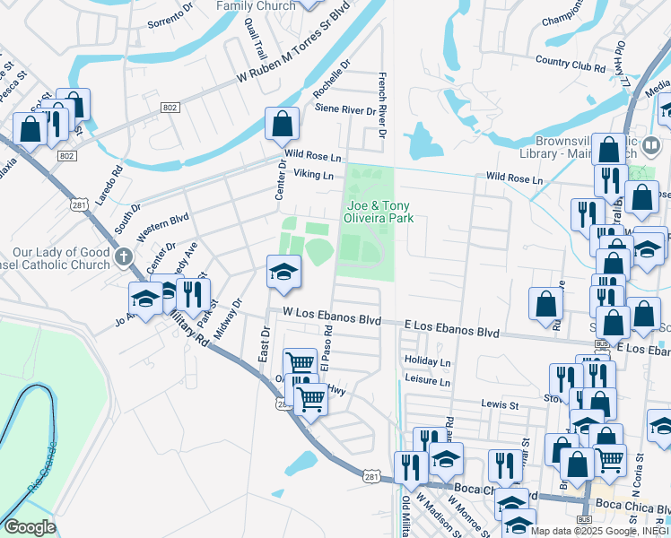 map of restaurants, bars, coffee shops, grocery stores, and more near 463 El Paso Road in Brownsville