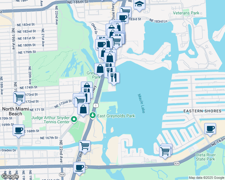 map of restaurants, bars, coffee shops, grocery stores, and more near 17301 Biscayne Boulevard in Aventura